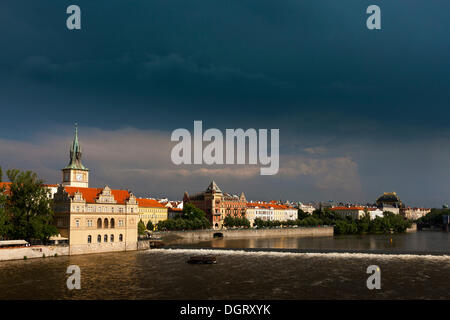 View from Charles Bridge over the Vltava River, Bedrich Smetana Museum on the left, Malá Strana, Prague, Hlavní město Praha Stock Photo