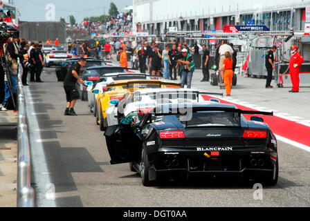 Start grid in pit lane of the Lamborghini Trofeo racing series at Adria Raceway, Italy, Europe Stock Photo