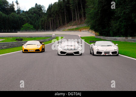 Test run of the three Reiter Engineering Lamborghini cars, Murcielago, left, Gallardo GT3, middle, Gallardo GT2, right Stock Photo