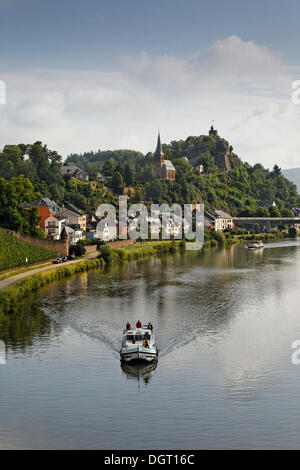 Houseboat floating on the Saar river near Saarburg, Rhineland-Palatinate Stock Photo