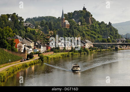 Houseboat floating on the Saar river near Saarburg, Rhineland-Palatinate Stock Photo