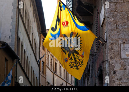 Flag of a contrada district in an alley of the historic town centre, Nobile Contrada dell'Aquila, Noble Contrada of the Eagle, Stock Photo