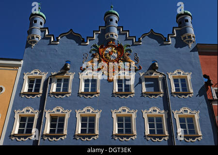 Facade of the city hall, 16th century, with the Bavarian royal coat of arms, 1806, Burghausen, Upper Bavaria Stock Photo