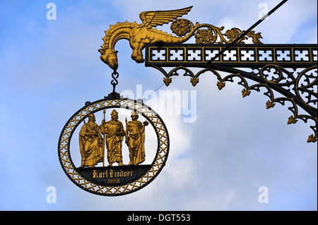 Old hanging sign from the former Dreikoenig inn and brewery, 18th century, Neue Strasse 25, Schwaebisch Hall, Baden-Wuerttemberg Stock Photo