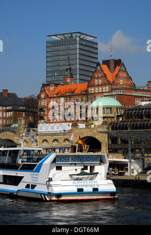 Harbor tour in the Hamburg harbor, Landungsbruecken jetties, St. Pauli district, Elbe river, the Hanseatic City of Hamburg Stock Photo