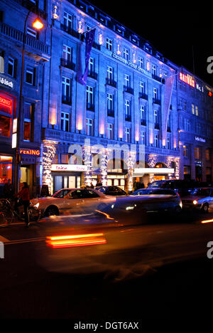 Blue illumination of the Excelsior Hotel Ernst, luxury hotel in the Trankgasse street, Cologne, Rhineland Stock Photo