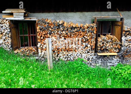 Firewood, wood in front of the house, Fischerndorf quarter, Altaussee, Bad Aussee, Ausseerland, Totes Gebirge, Salzkammergut Stock Photo