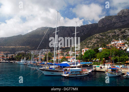 Sailing ships, boats in the port of Kas, Lycian coast, Antalya Province, Mediterranean, Turkey, Eurasia Stock Photo