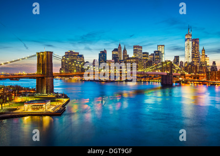 Famous view of New York City over the East River towards the financial district in the borough of Manhattan.