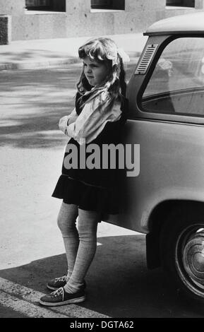 Girl with a Trabant 601 car, circa 1986, GDR, East Germany, Europe Stock Photo