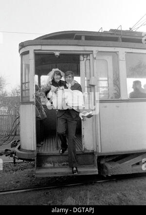 Wedding in an old tram, about 1974, Leipzig, GDR, German Democratic Republic, Europe Stock Photo