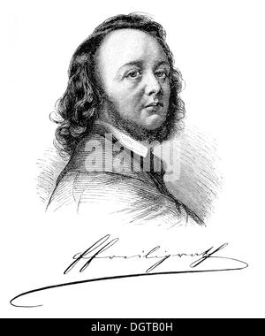 Ferdinand Freiligrath, after a portrait created during his stay in Duesseldorf, historic illustration from History of German Stock Photo