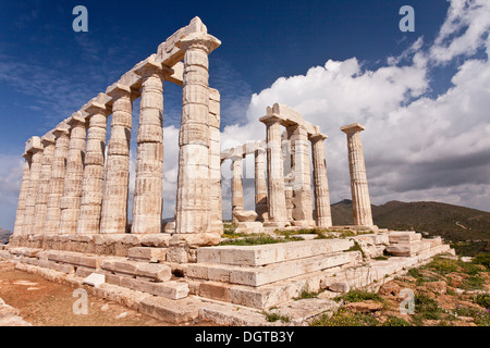 The temple of Poseidon at Cape Sounion, built about 400 BC, now a flowery national park. Greece. Stock Photo