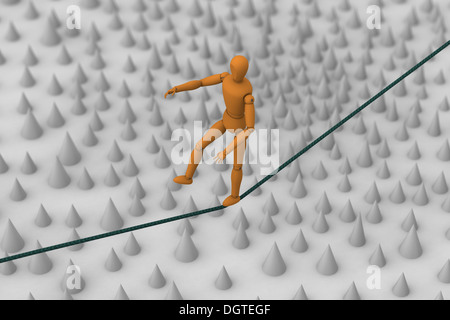 3D model of puppet robot trying to balance and walk on rope string across field of spike Stock Photo