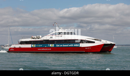 Red Funnel line Red Jet 4 passenger ferry heading into Cowes, Isle of Wight, Hampshire, England Stock Photo