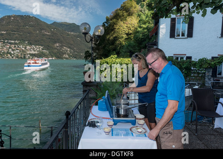 Risotto cookery class at the Grotto San Roco. Caprino. Lake Lugano. Ticino. Switzerland Stock Photo