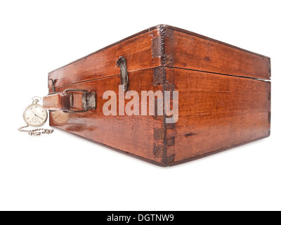 vintage wooden suitcase and pocket watch with chain Stock Photo