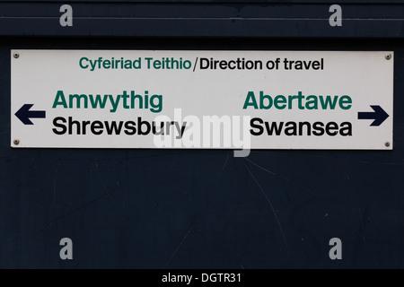 Sign for Shrewsbury and Swansea at Cynghordy Railway Station on the Heart of Wales Line Stock Photo