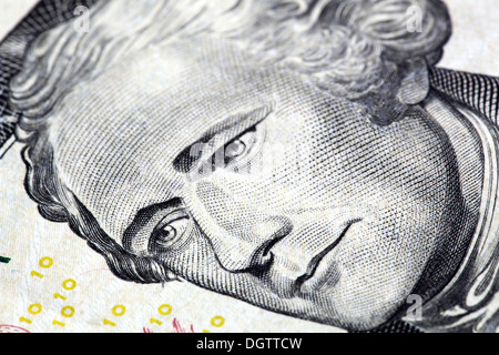 Portrait of Alexander Hamilton in front of the five dollar bill Stock Photo