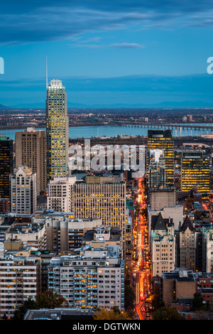 Aerial view of Montreal at dusk with rush hour traffic trails on Mountain street Stock Photo