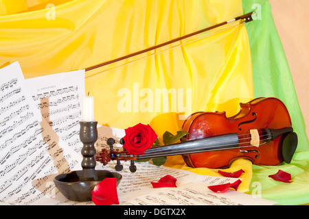 Viola with red roses on notes sheet Stock Photo