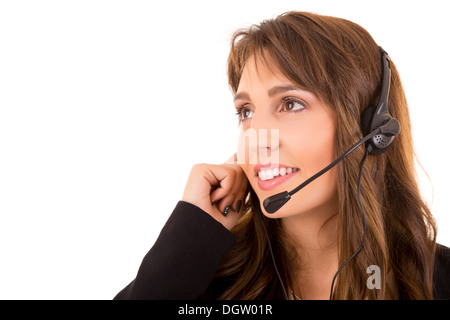Friendly young beautiful telephone operator at work Stock Photo