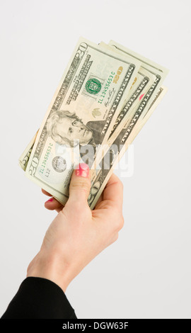 Female Hand Holds Cash Payment Currency Twenty Dollar Money Green Backs Stock Photo