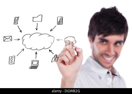 Businessman writing a cloud computing diagram on the whiteboard (selective focus) Stock Photo