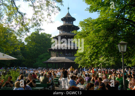 Chinese Tower, wooden pagoda, people in the beer garden, English garden, park, Munich, capital, Upper Bavaria, Bavaria Stock Photo