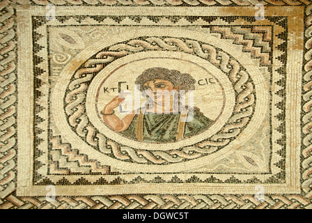 Archeology, antiquity, archaeological site, fine Roman mosaic of the goddess Ktisis, House of Eustolios, Kourion Stock Photo