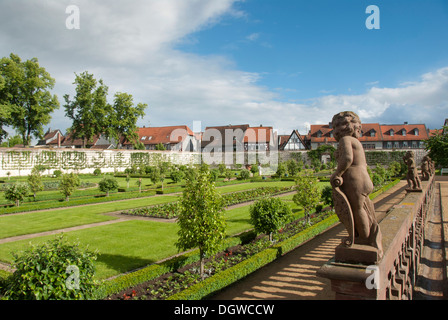 Baroque, sandstone cherubs, convent garden, Basilica of St. Marcellinus and Peter, former Benedictine monastery, Seligenstadt Stock Photo