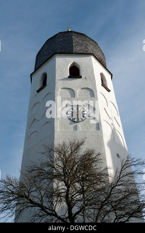 Church tower with clock, bell tower, the Benedictine monastery Frauenwoerth, Fraueninsel island, Lake Frauenchiemsee or Chiemsee Stock Photo