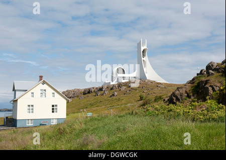 Modern white church on a hill, Stykkishólmur, Iceland Scandinavia Northern Europe, Europe Stock Photo