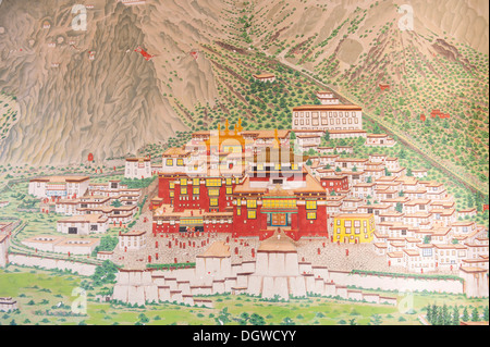 Tibetan Buddhism, main monastery of the Karma Kagyu lineage, Tsurphu in Tibet, mural at the entrance to the Rumtek Monastery Stock Photo