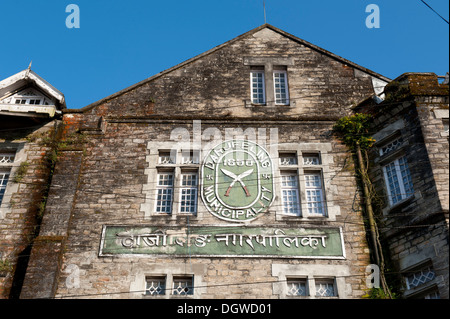 Old British colonial building, sign 'Darjeeling Municipality', Himalayan foothills, West Bengal, India, South Asia, Asia Stock Photo