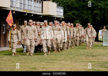 MARINE CORPS BASE CAMP LEJEUNE, N.C. - Marines and sailors with Fox Company, 2nd Battalion, 2nd Marine Regiment, march in formation to meet their friends and family after about a 8 month deployment to Afghanistan in support of Operation Enduring Freedom, Stock Photo
