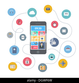 Flat design illustration concept of variety using of smartphone with lots of multimedia icons Stock Photo