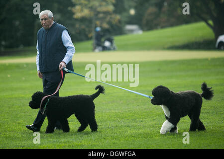 Washington, DC. 24th Oct, 2013. An unidentified White House staffer walks Bo and Sunny, the Obama family dogs, on the South Lawn of the White House, on October 24, 2013, in Washington, DC. Credit: Drew Angerer / Pool via CNP/dpa/Alamy Live News Stock Photo