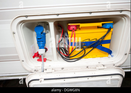 Caravan Battery and Electrical Electric Hook Up Socket Stock Photo