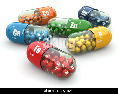 Dietary supplements. Variety pills. Vitamin capsules. 3d Stock Photo