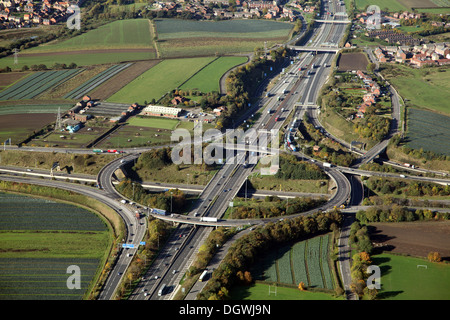 aerial view of the M1 / M62 Motorway Junction in West Yorkshire near Wakefield and Leeds Stock Photo