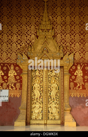 Theravada Buddhism, entrance to the temple with gold ornaments, Wat Sensoukarahm monastery, Luang Prabang, Laos, Southeast Asia Stock Photo