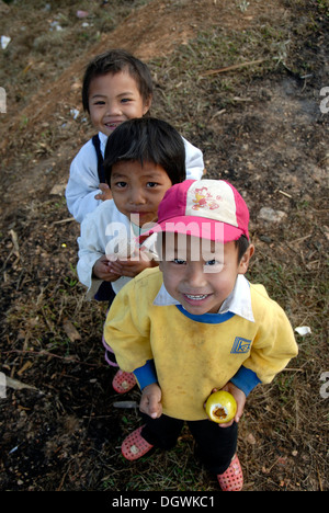 View from above, poverty, gang of grinning children having fun, village of Ban Komaen, Phongsali district and province, Laos Stock Photo