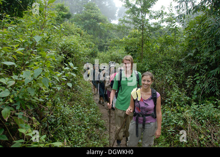 Trekking, smiling Western tourists with women of the Akha Nuqui ethnic group, jungle track at Ban Phou Yot Stock Photo
