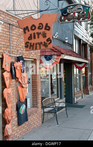 Souvenir shop on Main Street, Moab dirt shirts, Moab, Utah, Western United States, United States of America, North America Stock Photo