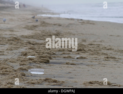 A plastic water bottle trashing a beach Stock Photo