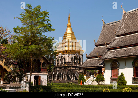 Chedi with elephant statues, Wat Chiang Man, Chiang Mai, Northern Thailand, Thailand, Asia Stock Photo