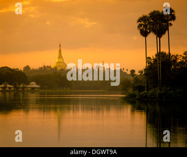 Lake Kandawgyi with Shwedagon Pagoda at twilight, Rangun, Yangon Region, Myanmar, Burma Stock Photo