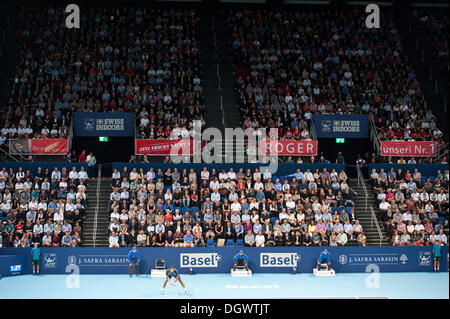 Basel, Switzerland. 26th Oct, 2013. Roger Federer (SUI) plays in front of home crowd in a match of the semi finals of the Swiss Indoors at St. Jakobshalle on Saturday. Photo: Miroslav Dakov/ Alamy Live News Stock Photo