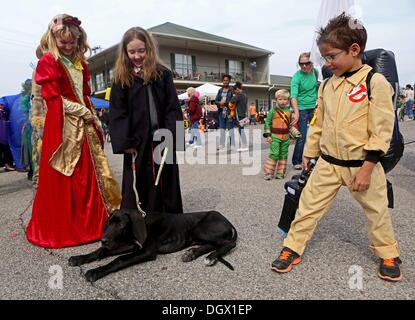 Olive Branch, MS, USA. 26th Oct, 2013. October 26, 2013 - Cassidy James, 10, Kaitlyn Archer, 9, and Austin Archer, 7, observe the Archer's 5-month-old Great Dane, Zeus, before a costume parade at a community get together during Fall Fest on the Roost in Old Towne, Olive Branch on Saturday. ''He sat on my dress six times already, '' James said before she paraded down the street. © Yalonda M. James/The Commercial Appeal/ZUMAPRESS.com/Alamy Live News Stock Photo